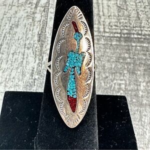 Vintage Navajo Zuni Peyote Bird Inlay Sterling Silver Turquoise Coral Ring 6.25